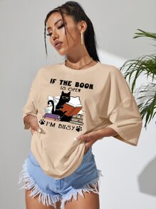 INAWLY Áo thun nữ Hoạt hình Slogan Giải trí - Màu be - Xem 4