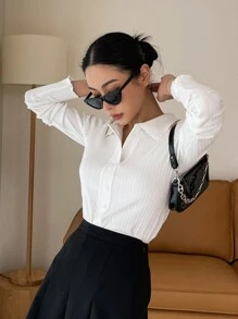 DAZY 半纽扣门襟罗纹针织 T 恤长袖女式上衣 - 白色 - 查看 3