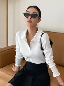 DAZY 半纽扣门襟罗纹针织 T 恤长袖女式上衣 - 白色 - 查看 4