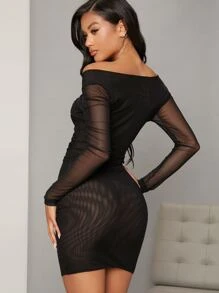 Off Shoulder Hook And  Eye Ruched Mesh Bodycon Dress - Black - View 2