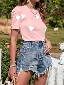 Breezaya 心形印花泡泡袖 T 恤 - 藕粉色 - 查看 3