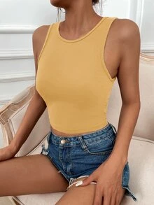 SHEIN LUNE Solid Rib Knit Tank Top - Yellow - View 4