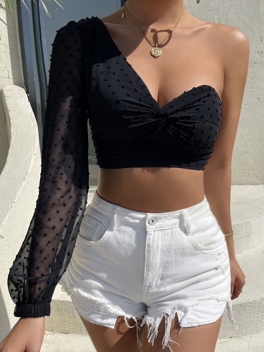 SHEIN Unity 圓點單肩前扭結短款上衣 - 黑色 - 查看 1