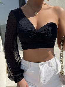 SHEIN Unity 圓點單肩前扭結短款上衣 - 黑色 - 查看 3