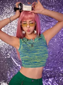 SHEIN ICON 雜色針織扭結鏤空短款背心 - 彩色 - 查看 1