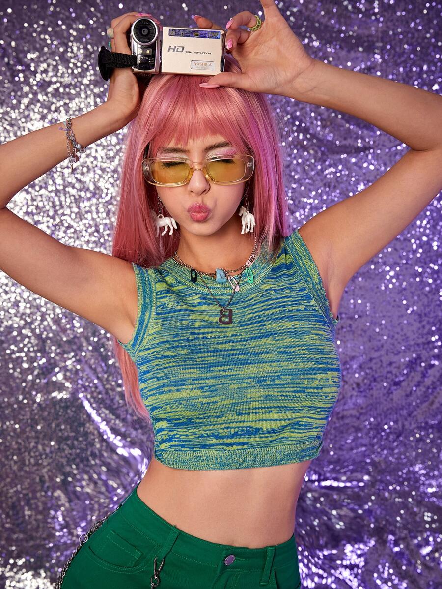 SHEIN ICON 雜色針織扭結鏤空短款背心 - 彩色 - 查看 1