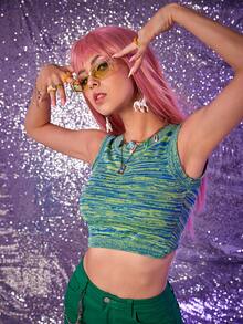 SHEIN ICON 雜色針織扭結鏤空短款背心 - 彩色 - 查看 4
