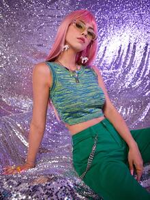 SHEIN ICON 雜色針織扭結鏤空短款背心 - 彩色 - 查看 5