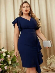 MIUSOL Vestido ajustado de manga mariposa ribete con fruncido con cremallera trasera con fruncido - Azul Marino - Ver 6