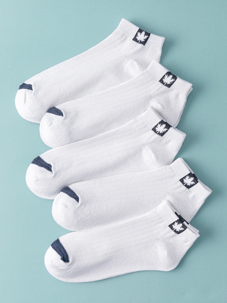 5pairs Men Leaf Detail Ankle Socks - White - View 1