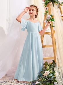 SHEIN 女孩挖肩超長A字連衣裙 - 淺藍色 - 查看 1