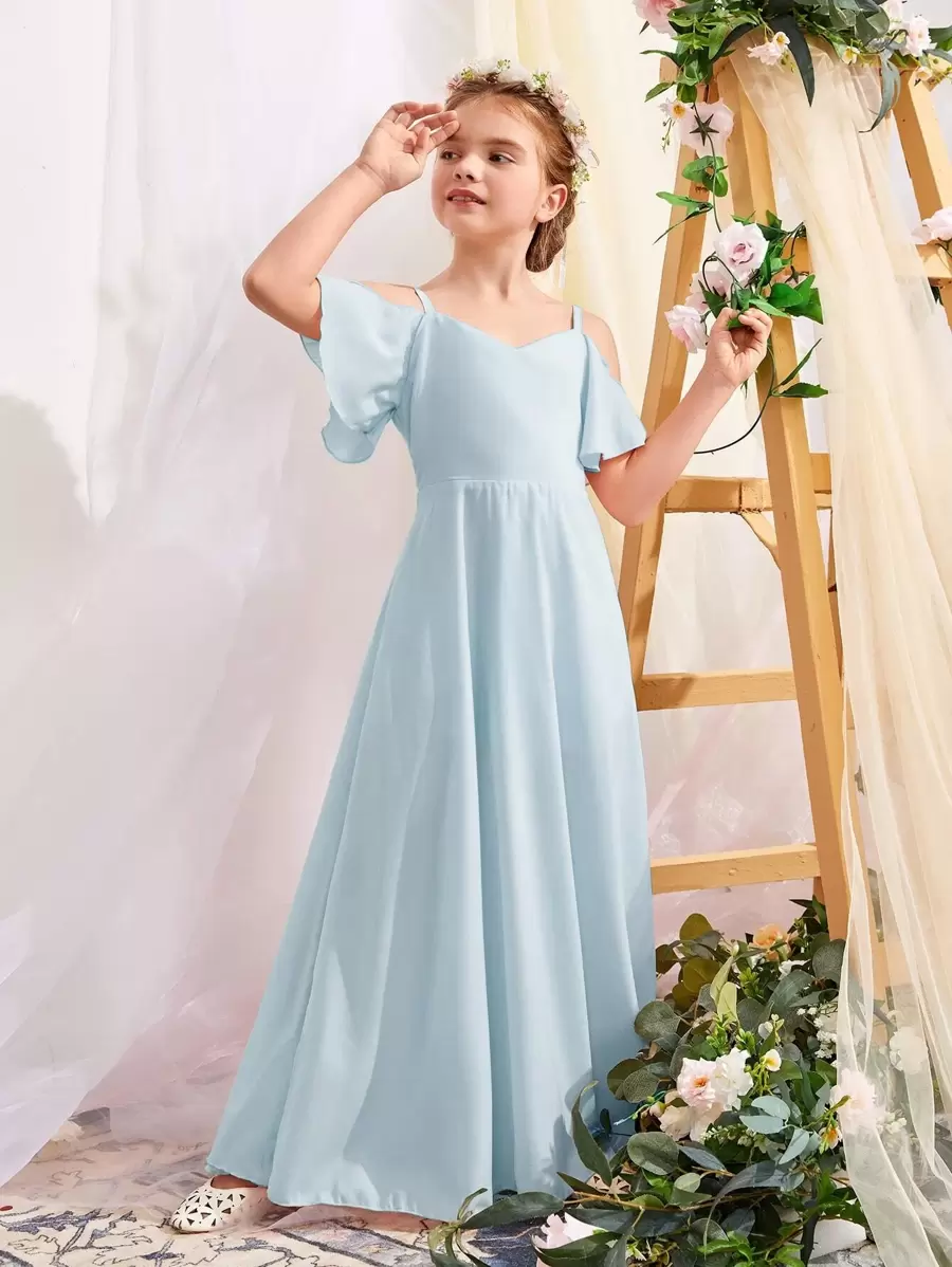 SHEIN 女孩挖肩超長A字連衣裙 - 淺藍色 - 查看 1