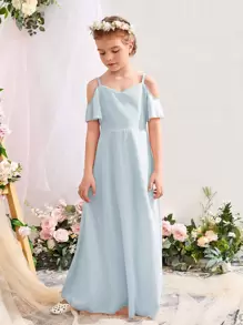 SHEIN 女孩挖肩超長A字連衣裙 - 淺藍色 - 查看 4
