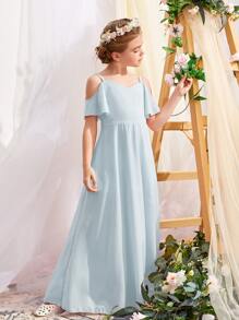 SHEIN 女孩挖肩超長A字連衣裙 - 淺藍色 - 查看 5