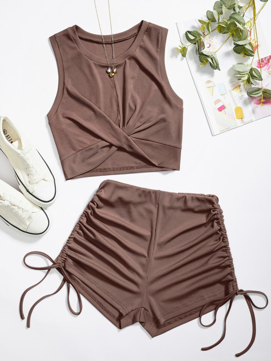 SHEIN Unity unicolor girante delantero Top tank corto & Shorts - Marrón Mocha - Ver 1