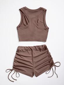 SHEIN Unity unicolor girante delantero Top tank corto & Shorts - Marrón Mocha - Ver 2