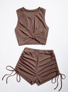 SHEIN Unity unicolor girante delantero Top tank corto & Shorts - Marrón Mocha - Ver 3