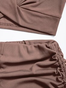 SHEIN Unity unicolor girante delantero Top tank corto & Shorts - Marrón Mocha - Ver 6