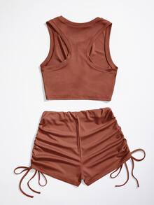 SHEIN Unity Solid Twist Front Crop Tank Top & Shorts - Brown - View 2