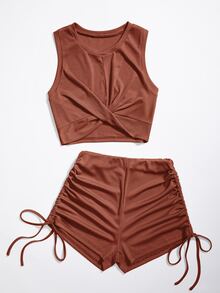 SHEIN Unity Solid Twist Front Crop Tank Top & Shorts - Brown - View 3