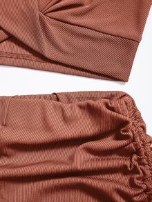 SHEIN Unity Solid Twist Front Crop Tank Top & Shorts - Brown - View 5