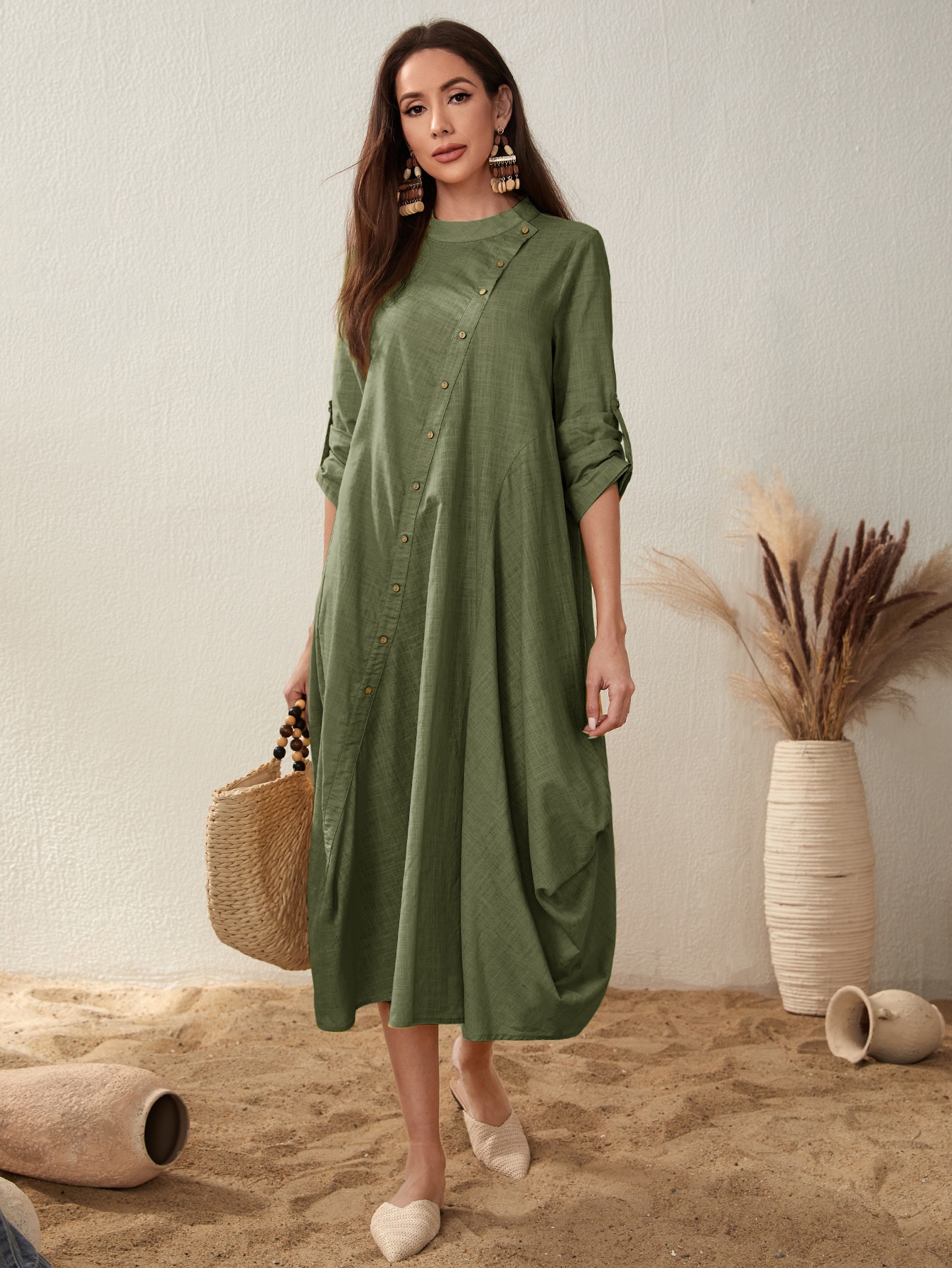 SHEIN Mulvari Single Breasted Roll Up Sleeve Draped Side Dress SHEIN UK