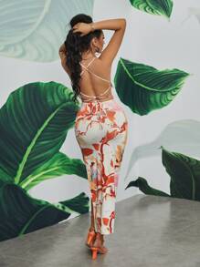 SHEIN SXY Đầm Lộ Lưng Hội Chữ thập Cà vạt nhuộm Boho - Nhiều màu - Xem 2