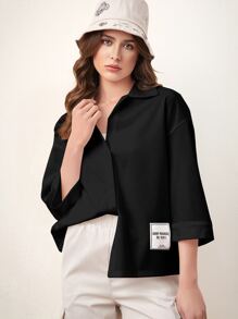 Seusyu Drop Shoulder Patch Detail Shirt - Black - View 1