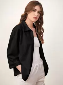 Seusyu Drop Shoulder Patch Detail Shirt - Black - View 2