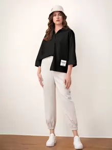 Seusyu Drop Shoulder Patch Detail Shirt - Black - View 3