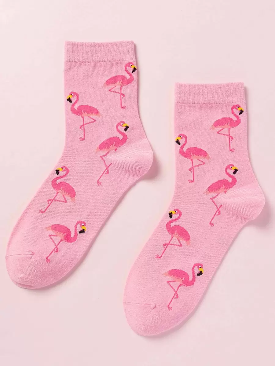 Flamingo Print Crew Socks - Pink - View 1