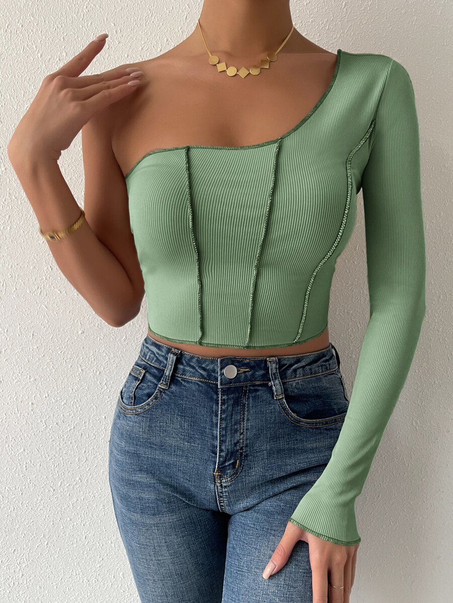 SHEIN BAE One Shoulder Rib Knit Top-stitching Top - Mint Green - View 1