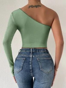 SHEIN BAE One Shoulder Rib Knit Top-stitching Top - Mint Green - View 2