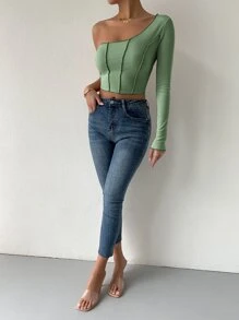 SHEIN BAE One Shoulder Rib Knit Top-stitching Top - Mint Green - View 3