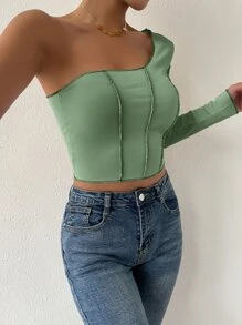 SHEIN BAE One Shoulder Rib Knit Top-stitching Top - Mint Green - View 5