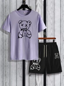 Manfinity Hypemode Camiseta con estampado de oso con shorts de cintura con cordón - Multicolor - Ver 1
