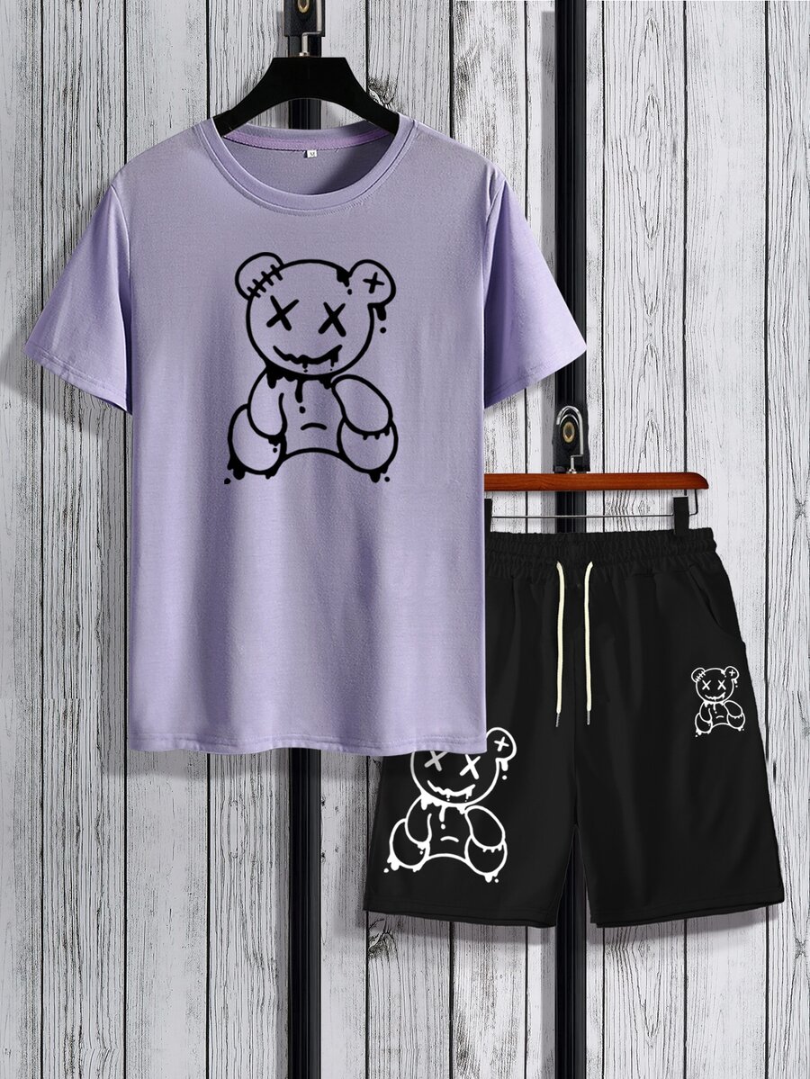 Manfinity Hypemode Camiseta con estampado de oso con shorts de cintura con cordón - Multicolor - Ver 1
