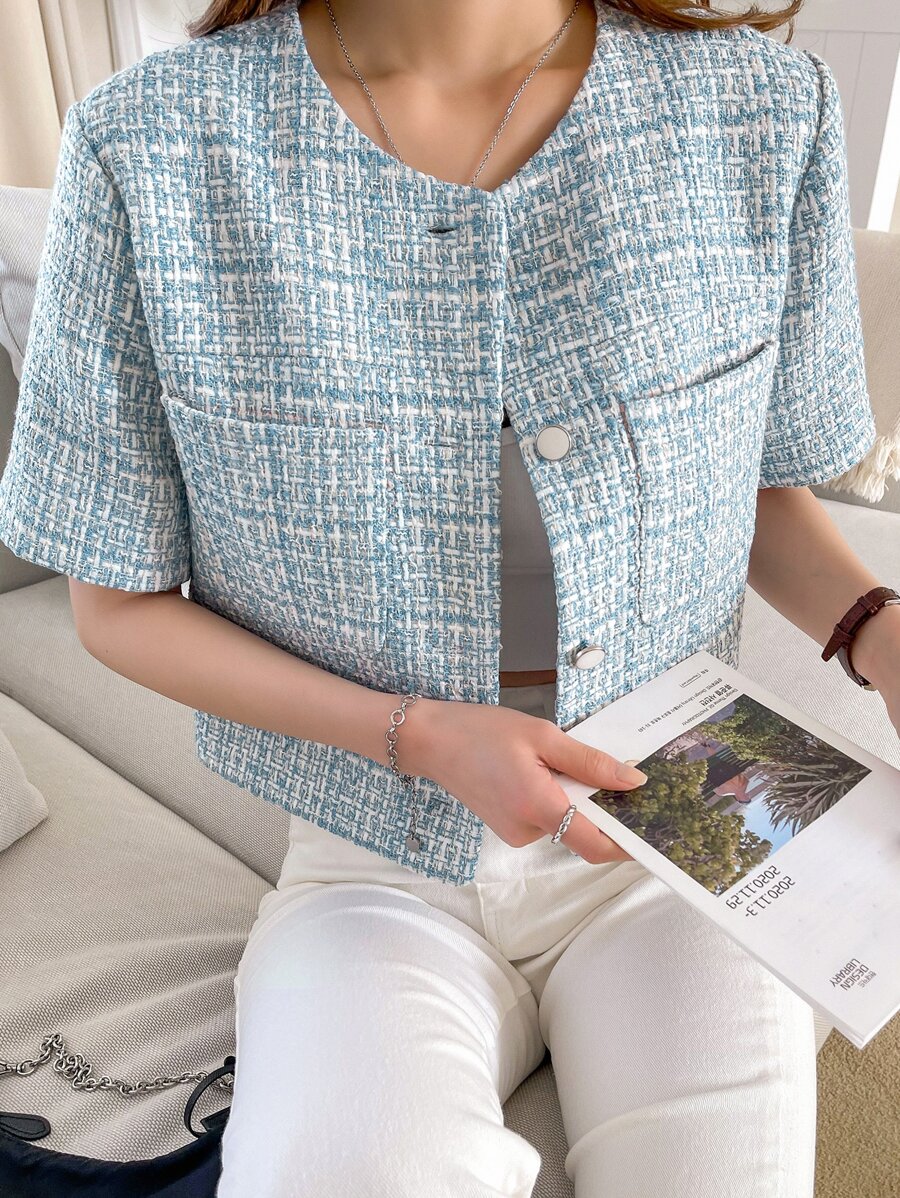 DAZY 格子双口袋粗花呢大衣女式夹克，秋季女装 - 藍白色 - 查看 1