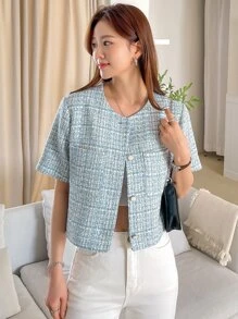 DAZY 格子双口袋粗花呢大衣女式夹克，秋季女装 - 藍白色 - 查看 8