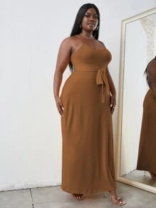 Plus Solid Belted Cami Dress - Brown - View 3