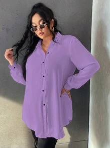 Calvaya 大碼燈籠袖弧形下擺襯衫不附腰帶 - 紫丁香色 - 查看 1