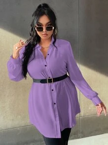 Calvaya 大碼燈籠袖弧形下擺襯衫不附腰帶 - 紫丁香色 - 查看 3