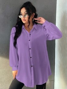 Calvaya 大碼燈籠袖弧形下擺襯衫不附腰帶 - 紫丁香色 - 查看 5