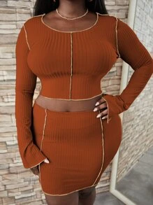 Plus Contrast Topstitching Split Cuff Crop Tee With Bodycon Skirt - Brown - View 1