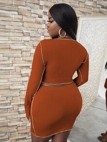 Plus Contrast Topstitching Split Cuff Crop Tee With Bodycon Skirt - Brown - View 2