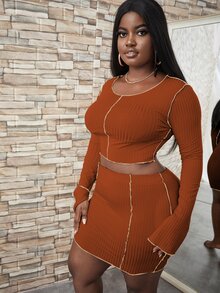 Plus Contrast Topstitching Split Cuff Crop Tee With Bodycon Skirt - Brown - View 4