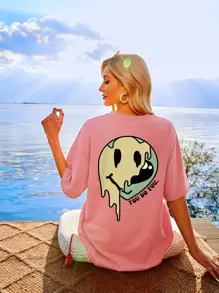 SHEIN Unity Slogan & Expression Print Drop Shoulder Tee - Coral Pink - View 1