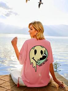 SHEIN Unity Slogan & Expression Print Drop Shoulder Tee - Coral Pink - View 4