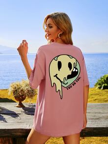SHEIN Unity Slogan & Expression Print Drop Shoulder Tee - Coral Pink - View 5