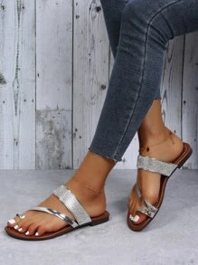 水鑽細節平底夾趾涼鞋 - 銀色 - 查看 2